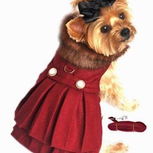 Burgundy Wool Faux Fur-Trimmed Dog Coat Harness